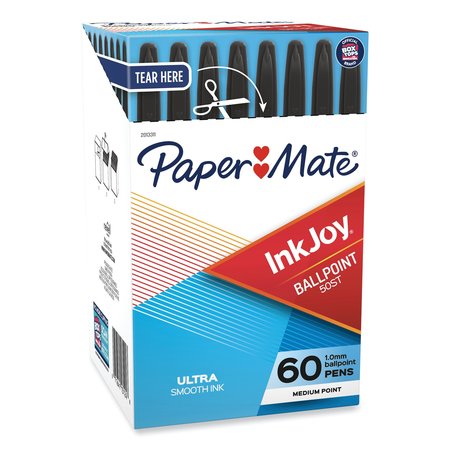 PAPER MATE InkJoy 50ST Stick Ballpoint Pen, 1mm, Black, White/Black Barrel, PK60 2013311